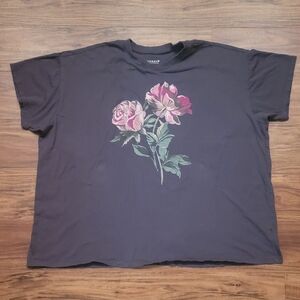 Oversized Torrid Charcoal Tee with Pink Rose Design